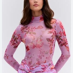 PatBO Floral Mesh Long Sleeve Top in Pink and Red